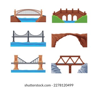 Set of brick and iron bridges. City architecture elements cartoon vector illustration