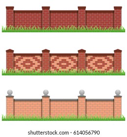 Set of brick stone fences. Use as elements and details for scene creating. Isolated objects on white background, vector illustration.