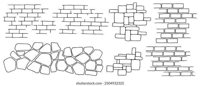 set of brick and stone wall textures, linear drawing in doodle style.