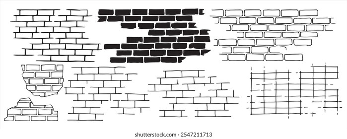 conjunto de texturas de parede de tijolo e pedra, desenho linear em estilo doodle.