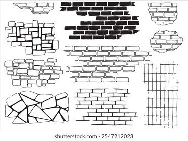 conjunto de texturas de parede de tijolo e pedra, desenho linear em estilo doodle.