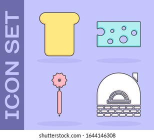 Set Brick stove , Bread toast, Pizza knife  and Cheese  icon. Vector