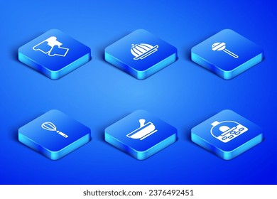 Set Brick stove, Bread toast, Mortar and pestle, Kitchen whisk, Pudding custard and Lollipop icon. Vector