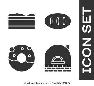 Set Brick stove , Brownie chocolate cake , Donut with sweet glaze  and Bread loaf  icon. Vector
