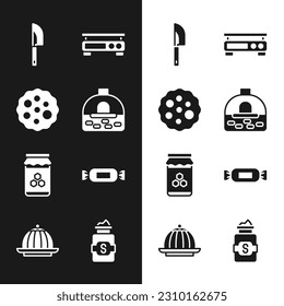 Set Brick stove, Cookie or biscuit, Knife, Electronic scales, Jar of honey, Candy, sugar and Pudding custard icon. Vector