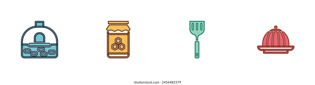 Set Brick stove, Jar of honey, Spatula and Pudding custard icon. Vector