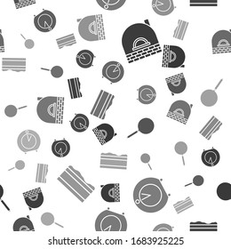 Set Brick stove , Kitchen timer , Frying pan  and Brownie chocolate cake  on seamless pattern. Vector