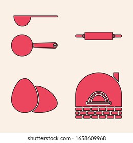 Fijar la estufa de ladrillo , Cuchara de medida , Pistola rodante e icono del huevo de pollo. Vector