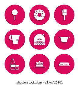 Set Brick stove, Stack of pancakes, Electronic scales, Cooking pot, Glass bottle with milk and glass, Measuring cup, Kitchen brush and Frying icon. Vector
