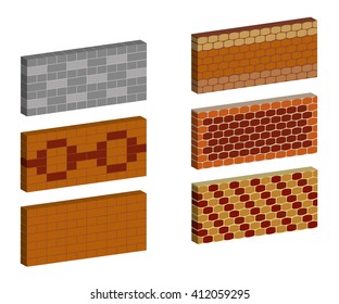 Set brick texture different color and pattern. Brickwork in 1 row. Vector illustration.  Horizontal location.