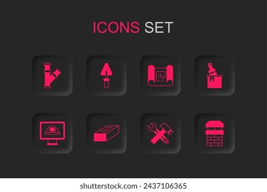 Set Brick, Trowel, Industry metallic pipe, Hammer and wrench spanner, Paint bucket with brush, Chimney, House plan and Worker safety helmet icon. Vector