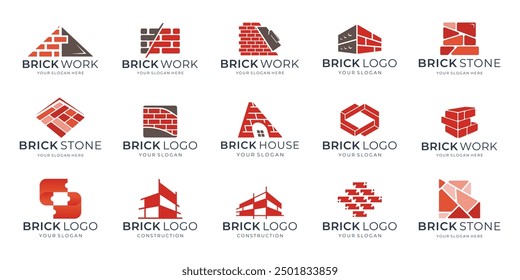 set of brick wall bricklayer logo icon symbol vector illustration, bundle and package of red brick works logos inspiration.