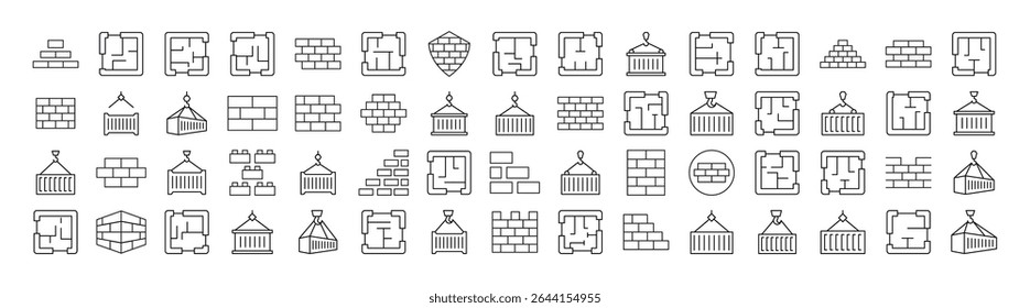 Conjunto de Parede de Tijolo, Planta de Chão, Construindo Ícones de Linha Relacionados. Outline Signs para Gráficos e Web Design, Apps, Anúncios, Vários Cartões 
