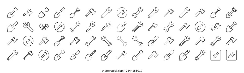 Conjunto de Parede de Tijolo, Planta de Chão, Construindo Ícones de Linha Relacionados. Outline Signs para Gráficos e Web Design, Apps, Anúncios, Vários Cartões 