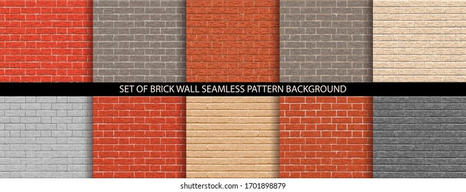 Set of Brick wall pattern seamless background. Different brick background textures - orange, red, gray, black, brown, beige, light colors. Vector set pattern of seamless texture brick wall.