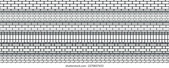 Set of brick wall seamless patterns. Simple black and white endless backgrounds. Minimalistic geometric mosaic repeatable textures