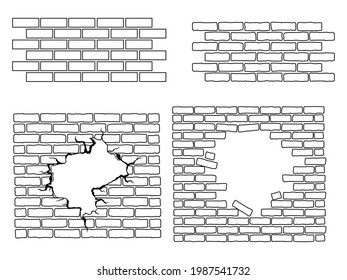 Set of brick wall. Сollection of silhouettes of a brick fence destroyed holes. Vector illustration on a white background.