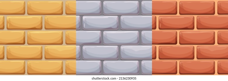 Set Brick wall, stone bricks, rock surface in cartoon style, seamless background. Ui game asset, pavement or road. Textured and detailed.