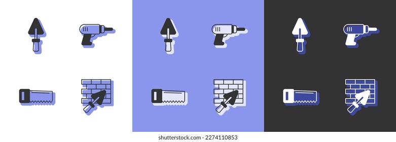 Set Brick wall with trowel, Trowel, Hand saw and Electric drill machine icon. Vector