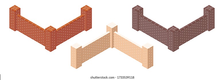 Set of brick walls with cement mortar. Set of colorful isometric brick fence section icon. Masonry barrier. Brickwork. Isolated on white background. 3D. Vector illustration.