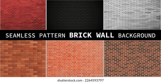 Set of brick walls of different colors. Seamless pattern. Realistic different brick textures collection. Vector illustration