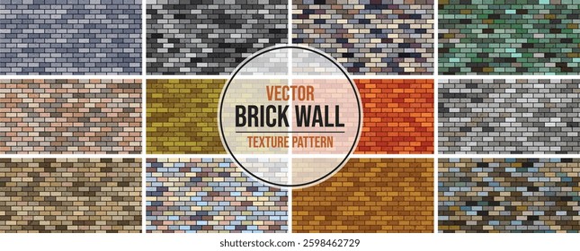 Set of brick walls of different colors. Seamless pattern. Realistic different brick textures collection. Vector illustration