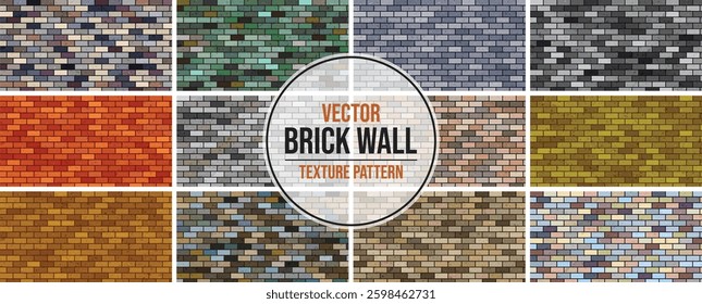 Set of brick walls of different colors. Seamless pattern. Realistic different brick textures collection. Vector illustration
