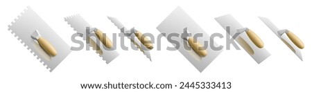 Set of bricklayer and stucco trowels isolated on white. Four-sided cement trowel, plastering trowel, notched tiling trowel isolated on white background. Construction tool. Realistic vector 3d