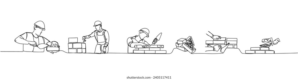 Set of bricklaying, building, building walls one line art. Continuous line drawing of repair, professional, hand, people, concept, support, maintenance.