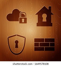 Set Bricks , Cloud computing lock , Shield with keyhole  and House under protection  on wooden background. Vector