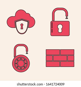 Set Bricks , Cloud and shield, Open padlock  and Safe combination lock wheel  icon. Vector