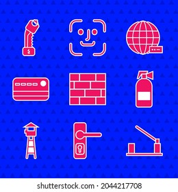 Set Bricks, Door handle, Parking car barrier, Fire extinguisher, Watch tower, Credit card, Social network and Police electric shocker icon. Vector