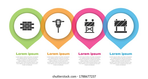 Ladrillos, perforación de martillo rotatorio eléctrico, barrera vial y barrera vial. Plantilla de infografía de negocios. Vector