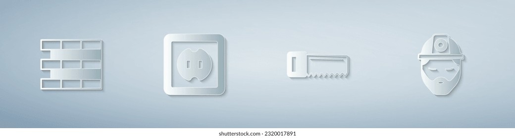 Set Bricks, Electrical outlet, Hand saw and Builder. Paper art style. Vector