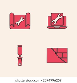 Set Bricks, Graphing paper and wrench, Laptop service and Rasp metal file icon. Vector