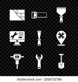 Set Bricks, Hand saw, Putty knife, Construction jackhammer, Adjustable wrench, Shovel, Computer monitor service and  icon. Vector