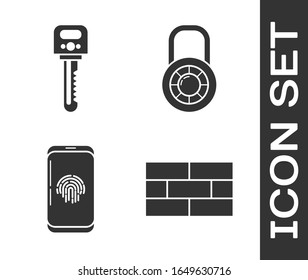 Set Bricks , Key , Smartphone with fingerprint scanner  and Safe combination lock wheel  icon. Vector
