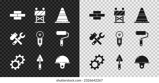 Fijar ladrillos, barrera de carretera, cono de tráfico, engranaje, trowel, casco de seguridad de los trabajadores, spanner de martillo y llave y icono de grinder de ángulo. Vector