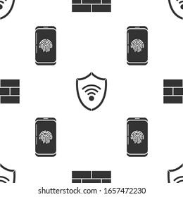 Set Bricks , Shield with WiFi wireless internet network and Smartphone with fingerprint scanner  on seamless pattern. Vector