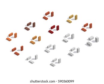 Set of bricks are shown in different positions. Isometric Vector Illustration Created For Mobile, Web, Decor, Print Products, Application