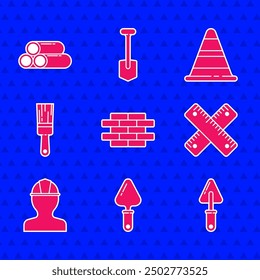 Set Bricks, Trowel, Crossed ruler, Worker safety helmet, Paint brush, Traffic cone and Industry metallic pipe icon. Vector