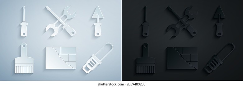 Set Bricks, Trowel, Paint brush, Chainsaw, Screwdriver and wrench and  icon. Vector