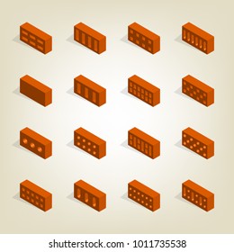 Set of bricks of various shapes, view to the left. Elements of the design of building materials. Flat 3d isometric style, vector illustration.
