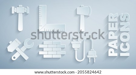 Set Bricks, Wooden axe, Hammer and wrench spanner, Electric plug, Corner ruler and  icon. Vector