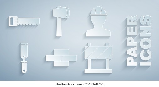Set Bricks, Worker safety helmet, Rasp metal file, Road barrier, Wooden axe and Hand saw icon. Vector
