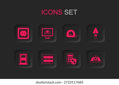 Set Bricks, Worker safety helmet, Electrical outlet, Security keypad access panel, Trowel, Roulette construction and Closed door icon. Vector