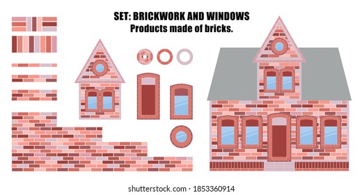 Set: Brickwork und Windows. Erzeugnisse aus Ziegeln. Kann für Social Media, Poster, E-Mail, Print, Werbedesigns verwendet werden.