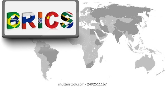 Gruppe von BRICS Land unter Weltkarte isoliert auf grauem Hintergrund für Icon Logo Web. Vektorillustration.