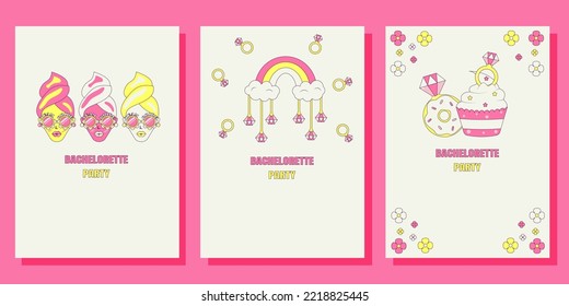 Set Of Bridal Shower Invitation Cards In Retro Groovy Style Vintage Bachelorette Party Invite Templates For Your Design