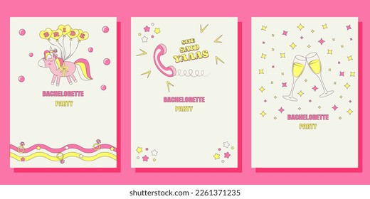 Set of Bridal shower invitation cards in retro groovy style Vintage bachelorette party invite Templates for your design